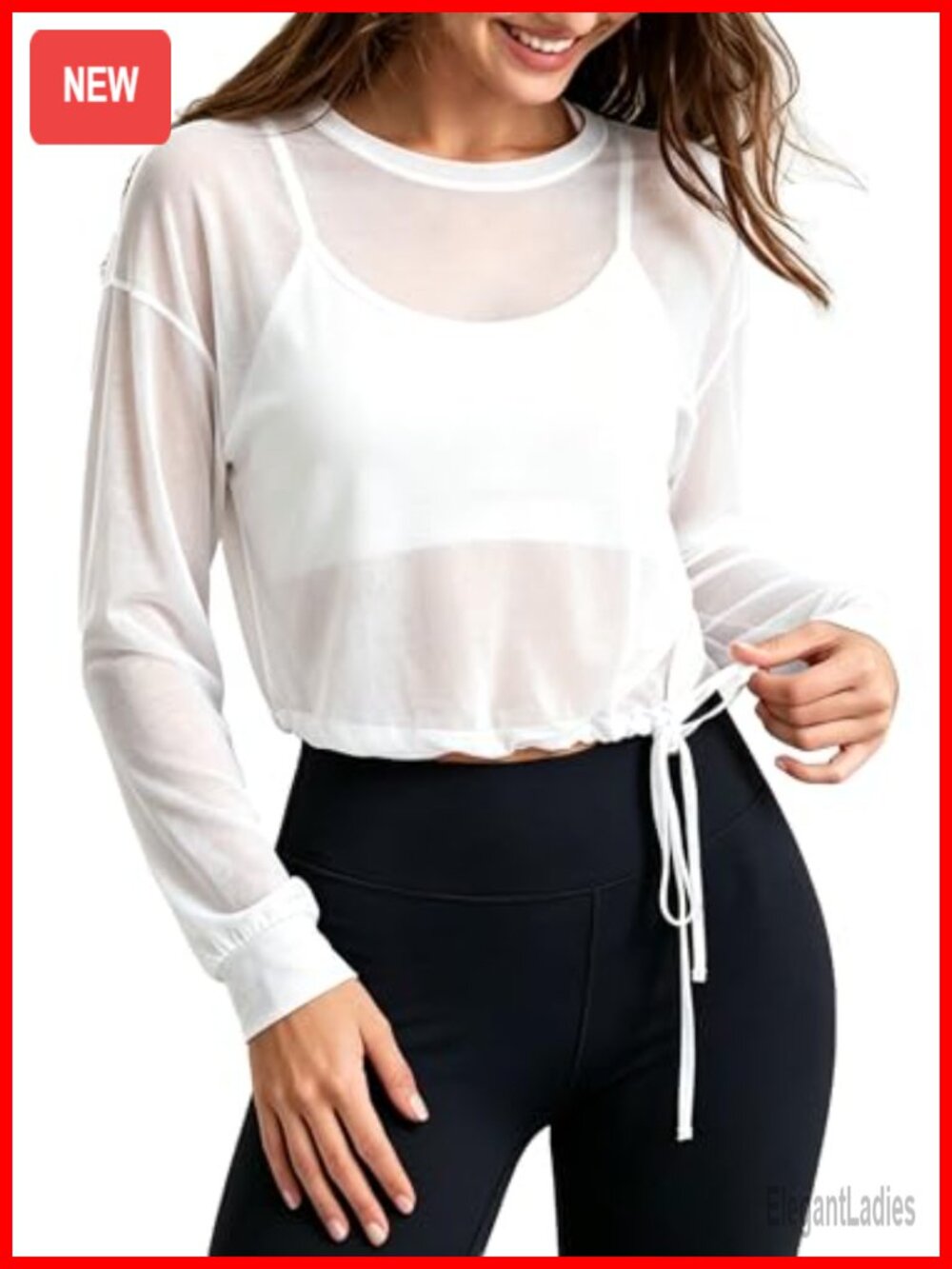 Sheer Mesh Workout Crop Top Long Sleeve Drawstring T-Shirt